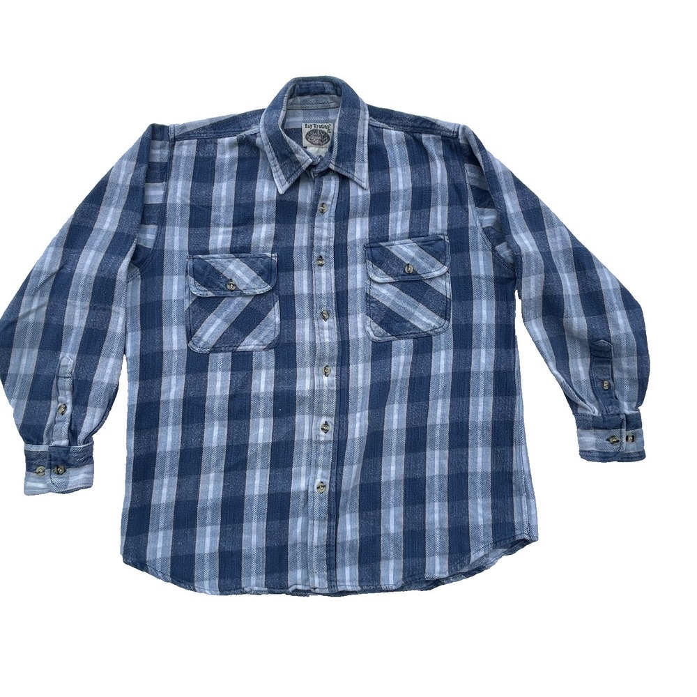 BAY TRADING CO. Shirt Mens L‎ Flannel Plaid Button Down Long Sleeve Blue Vintage